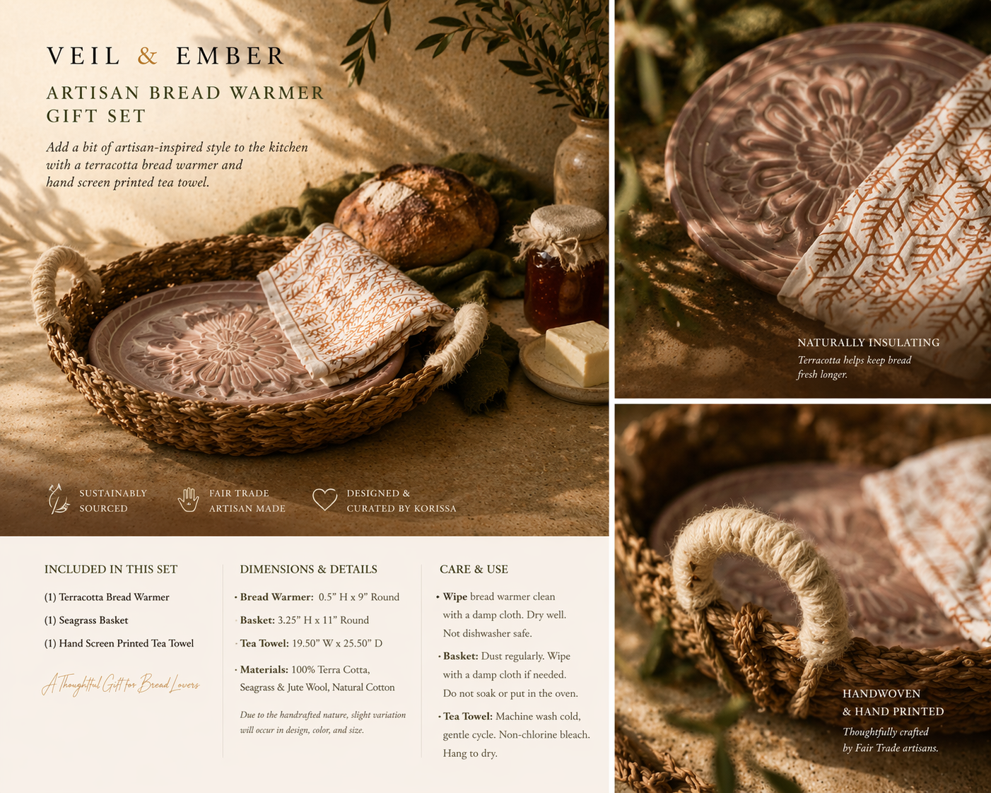 Bread Warmer & Basket Gift Set with Tea Towel - Vintage Flower