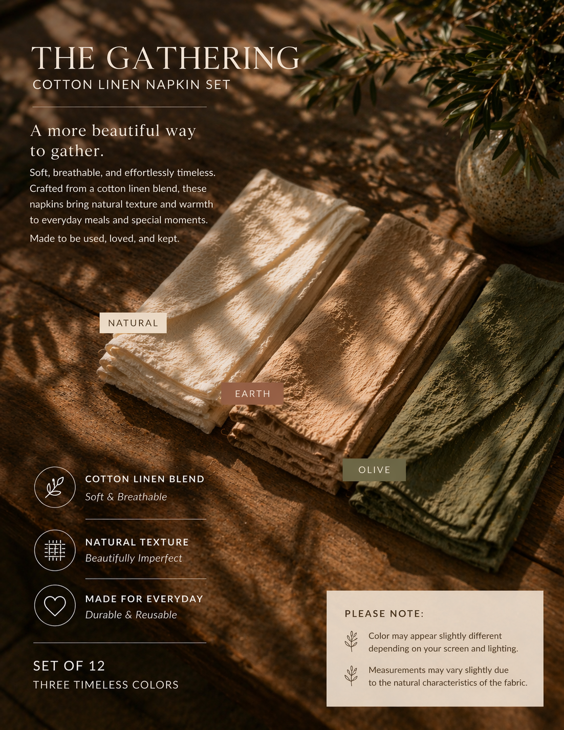 Cotton Linen Napkins  (Set of 12)